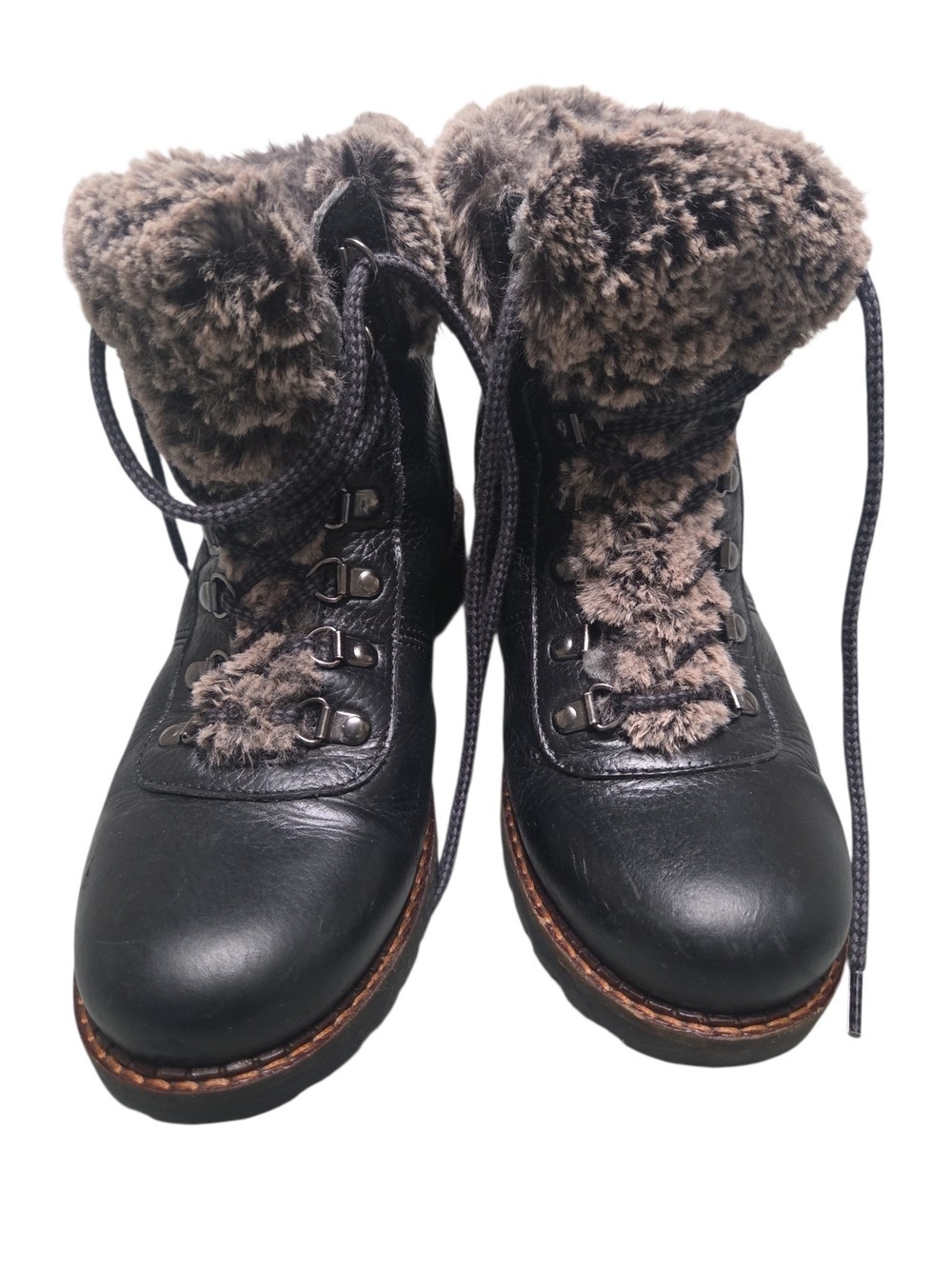 Black Leather Winter Boots with Faux Fur Trim All Weather Hiking Snow Outdoor 40